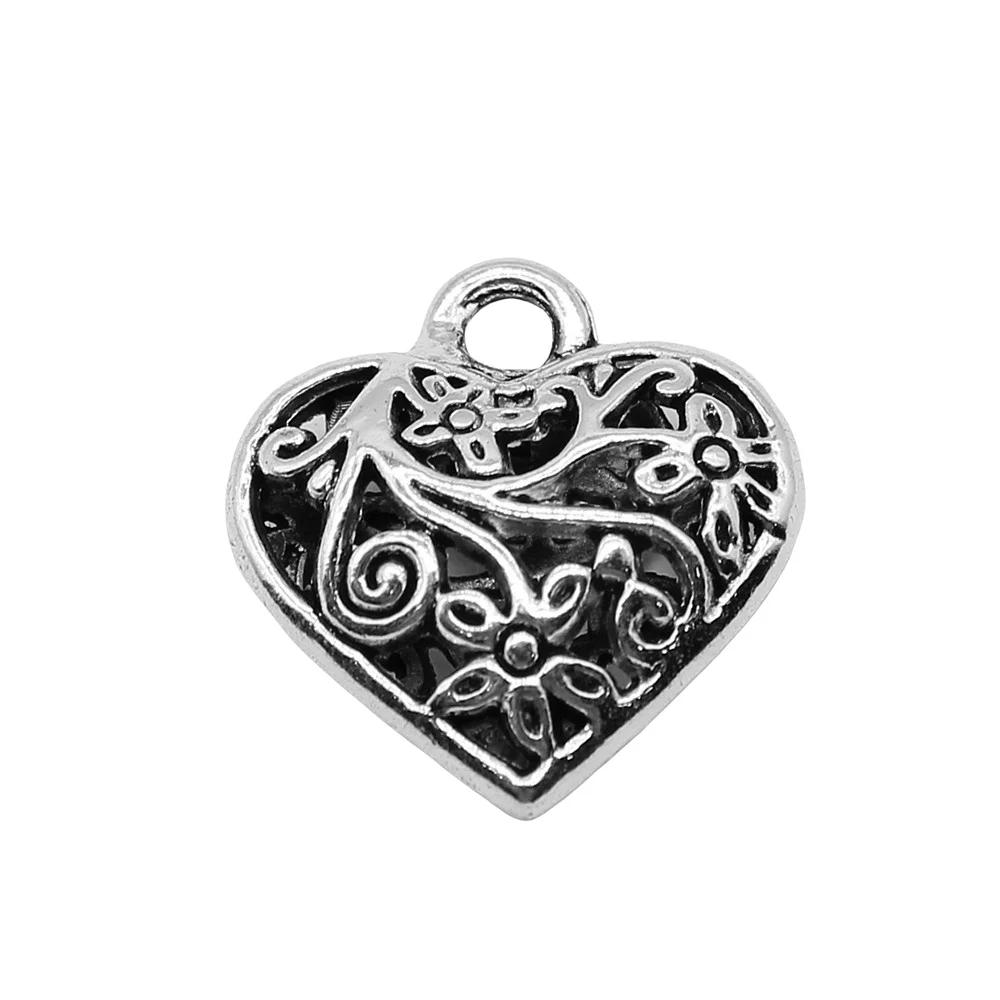 WYSIWYG 5pcs 20x21mm Charms 3D Hollow Carved Heart Antique Silver Color Metal Alloy Charms Jewelry DIY Accessories