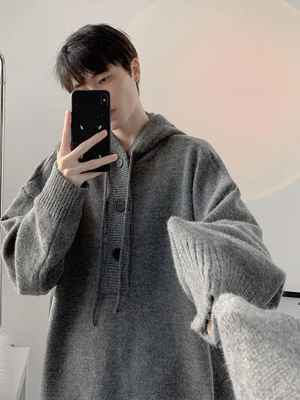 

Высококачественный вязаный кардиган с капюшоном, плотный, свободный, повседневный, в корейском стиле, мужской, для отдыха, модный свитер для прогулок