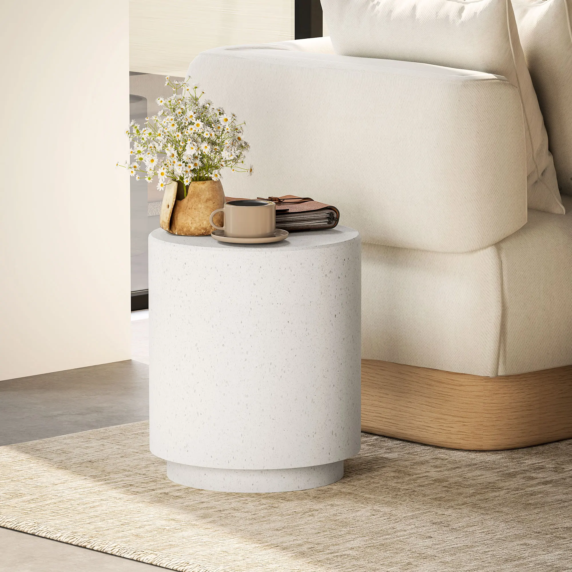 

Round Side Table, End Table with 4 Adjustable Feet, Cream White