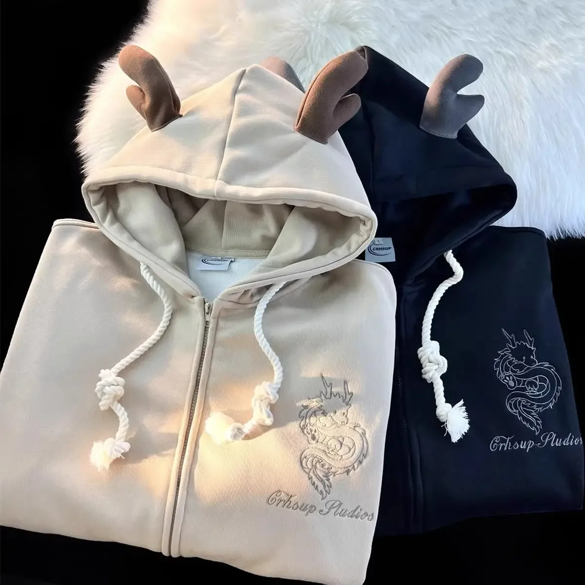 Sudadera con capucha bordada con cremallera para parejas, suéter de manga larga, Sudadera con capucha de terciopelo, año del Dragón, ropa Harajuku, nuevo