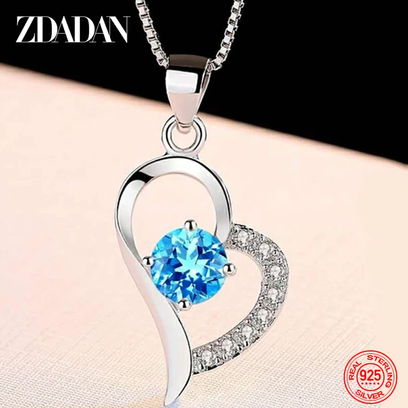 

ZDADAN 925 Sterling Silver Heart Blue Crystal Necklace Chain For Women Wedding Jewelry Gifts