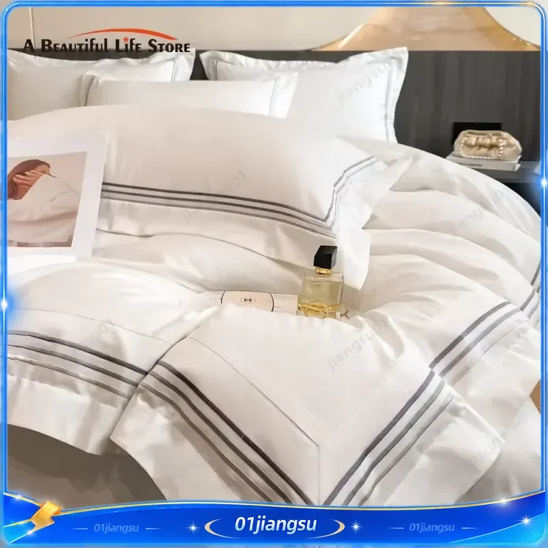 100% Cotton Luxury Hotel Style Bedding Set Queen King Size Solid Color Embroidery Duvet Cover Flat Fitted Bed Sheet