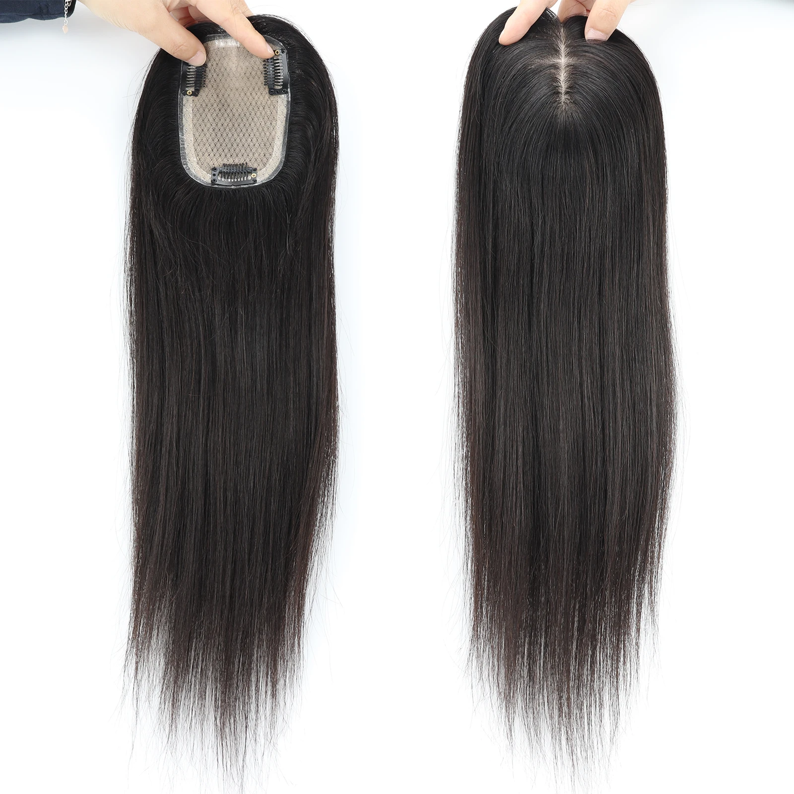 Full Hand Tied Topper with Bangs Real Remy Human Hair 12x14cm Silk Top Hairpieces with Clips in Pre Plucked Soft Breathable