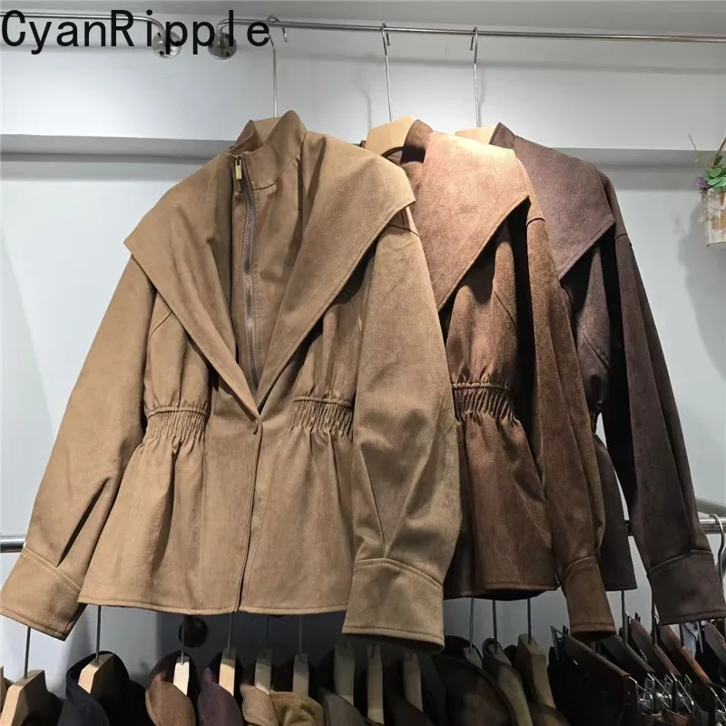 British Style Double Layered Collar Imitation Suede Jacket Vintage Zip Loose Windbreaker 2026 New Autumn Long Sleeve Women Coat
