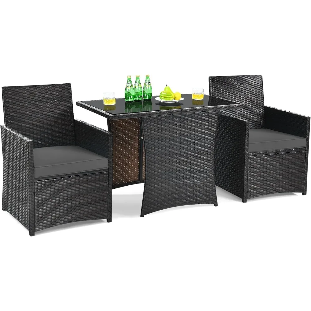 

3 Pieces Patio Dining Set, Outdoor Rattan Bistro Set with Cushions, Tempered Glass Tabletop, Wicker Conversation Set for Garden
