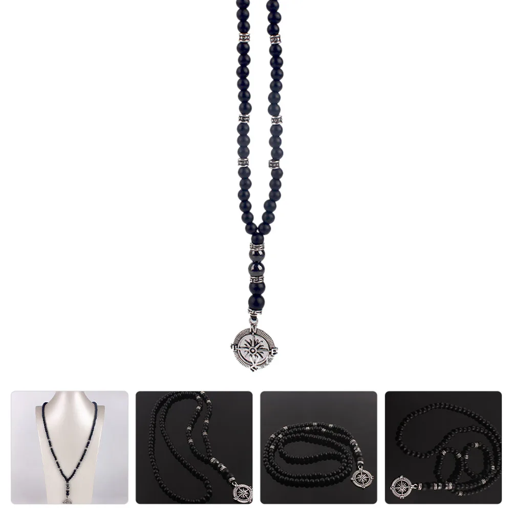

Compass Necklace for Men Black Agate Pendant Stylish Father Gift Beaded Necklaces Unique Shape Cool Fashionable
