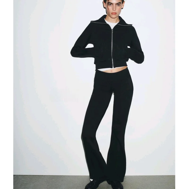 ارتفاع الخصر رفرف طوق طويل Sve Fce Jaet 47486 Bootcut السراويل 47487 عارضة Sle الخريف Faion مجموعة معطف المرأة #2