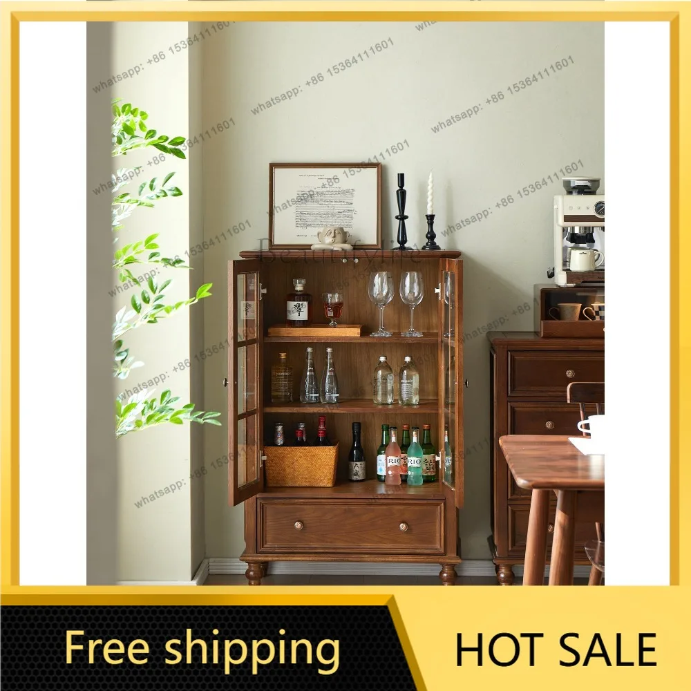 FG American solid wood retro wine cabinet with glass door display storage living room against the wall storage locker