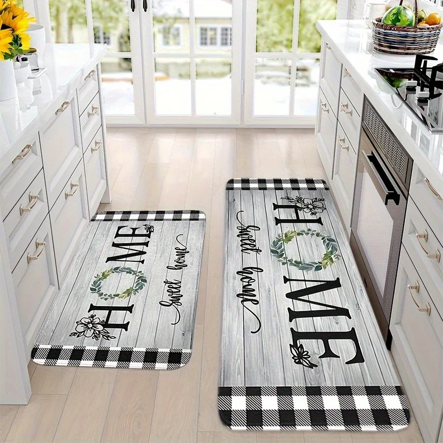 2/3pcs Flannel Farmhouse Kitchen Mat Set, Machine Washable, Polyester, Lightweight, Rectangular, Stripe/Plaid/Plaid Pattern, Standing Mat, Suitable for Spring and Summe