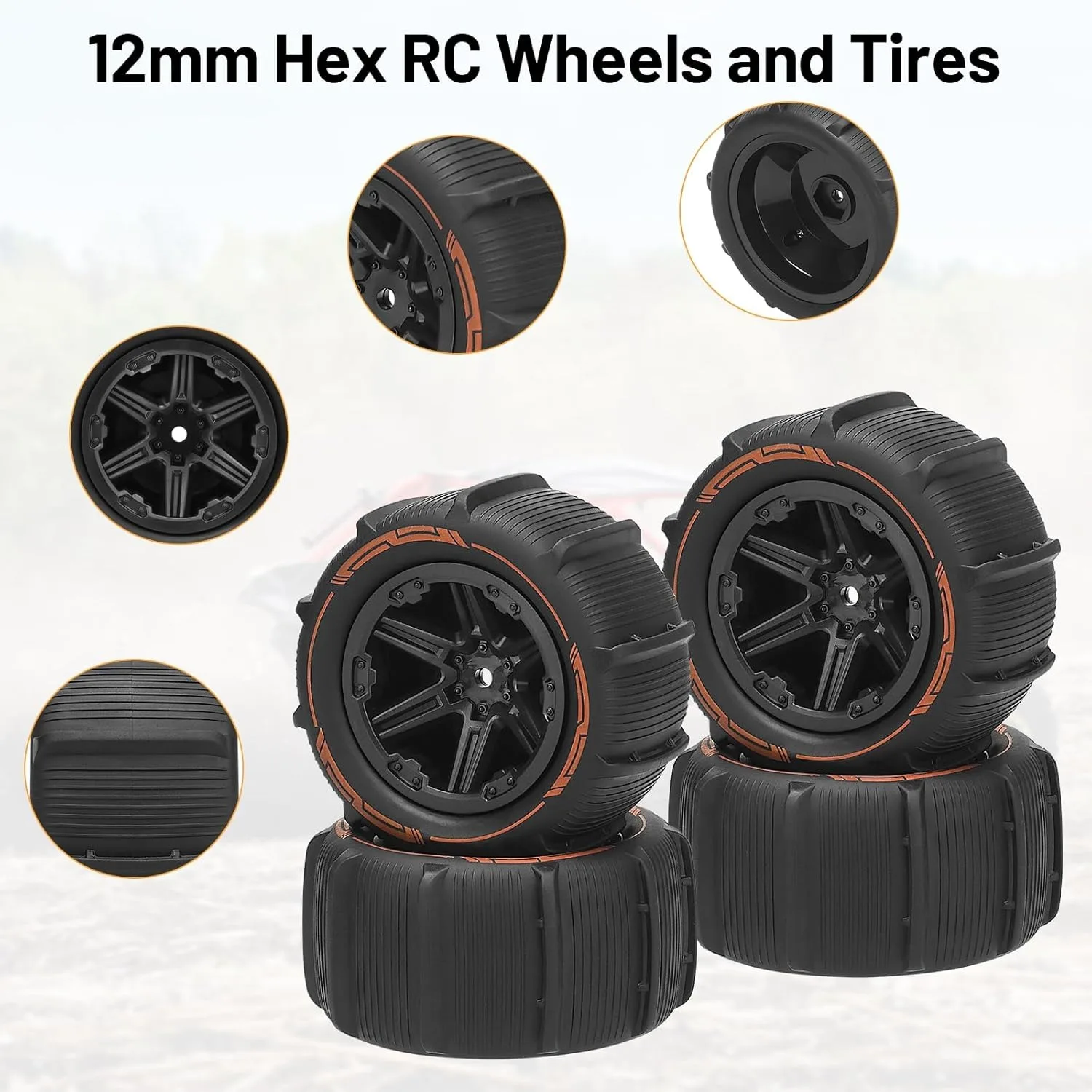 

4pcs RC 1/16 Paddles Buggy Tires Hex 12mm Wheels Hubs for Snow Sand WLtoys HBX 1/18 MJX Hyper GO H16BM/GT/DR HB17 H16E Off Car