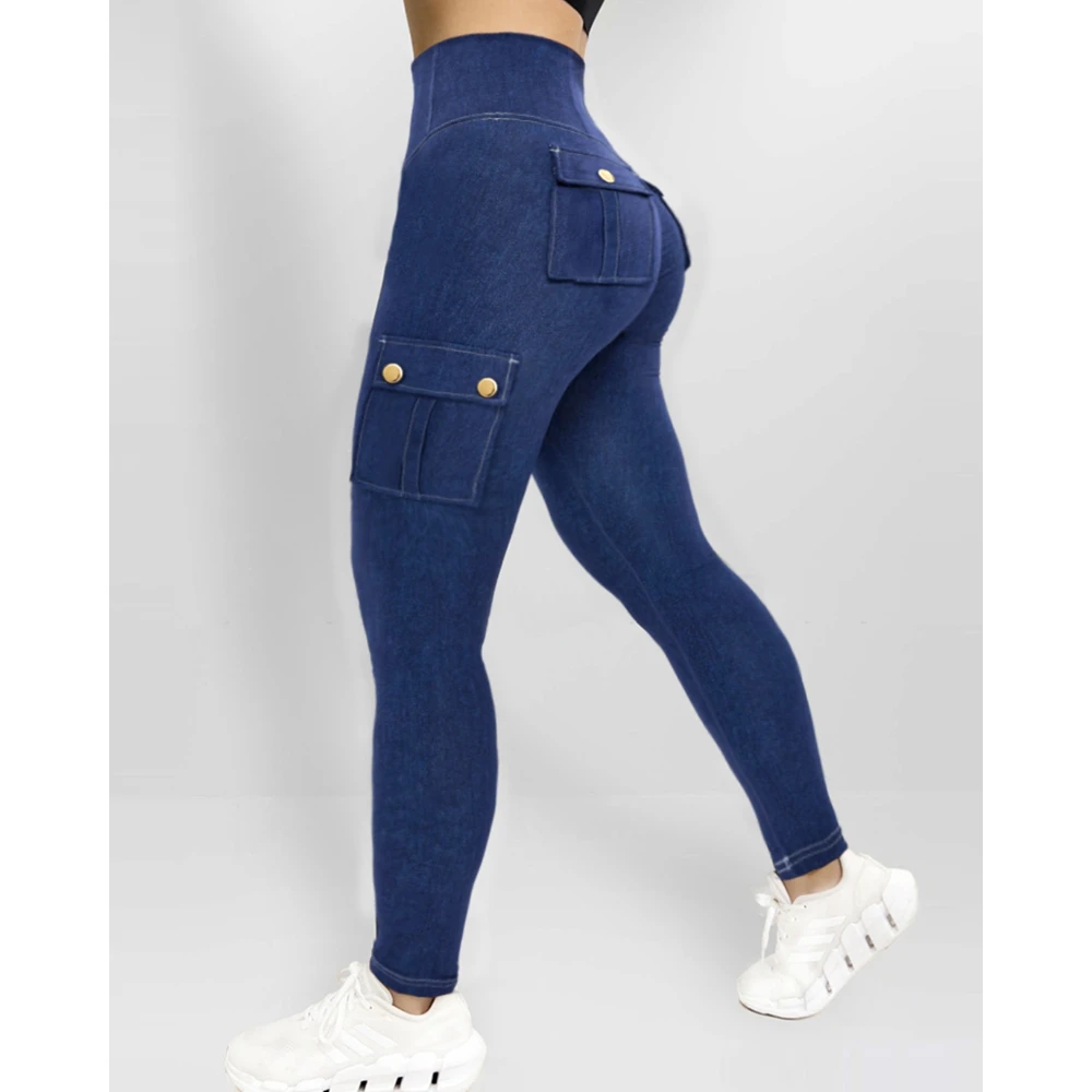 سراويل يوجا نسائية عالية الخصر للتحكم في البطن ورفع المؤخرة من قماش الدنيم سراويل يوجا قابلة للتمدد مع جيوب قلابة سراويل نحيفة نشطة