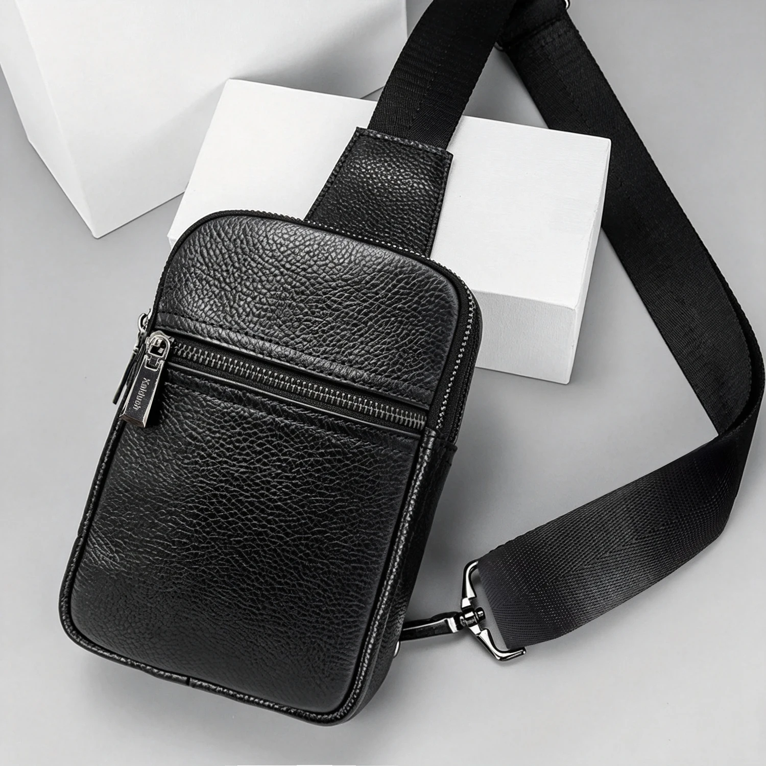 Men Genuine Leather Sling Chest Bag, Small Multi Zipper Pocket Crossbody Shoulder Bag, Lightweight Cell Phone Fanny Pack