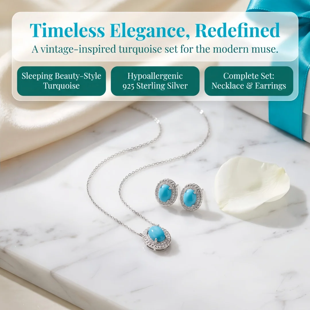 925 Sterling Silver Fashion Versatile Oval Diamond-Embedded Turquoise Classical European and American Style Elegant Necklace