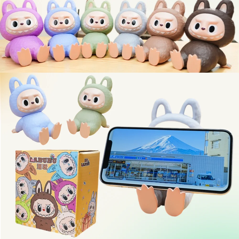 Lindo Labubu los monstruos vinilo cara muñeca soporte para teléfono Kawaii adornos de escritorio soporte para teléfono Mini juguete decoraciones regalos de cumpleaños