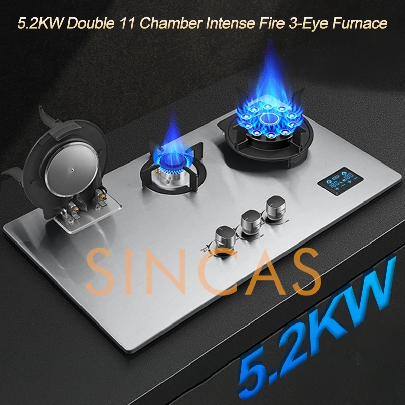 Kitchen Household 5.2KW Fierce Fire Three-burner Double-Sided Timing Gas Stove Desktop/Embedded Anti-oil Flip Cover Gas Stove