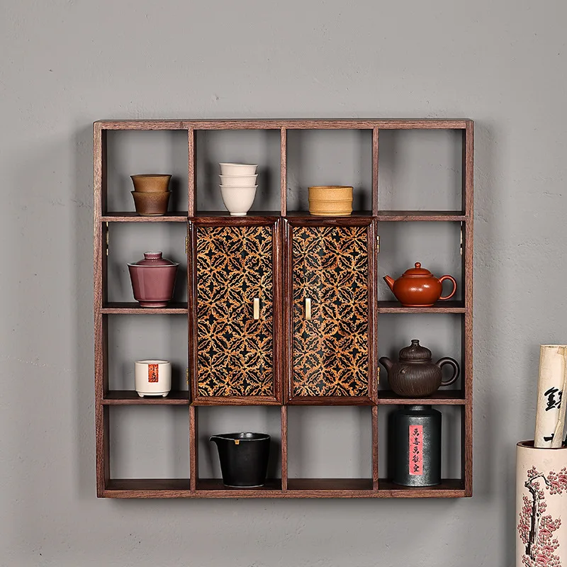 Solid wood wall-mounted lattice frame Bogu frame Wall display stand Tea cup rack Tea set storage rack Duobao Pavilion