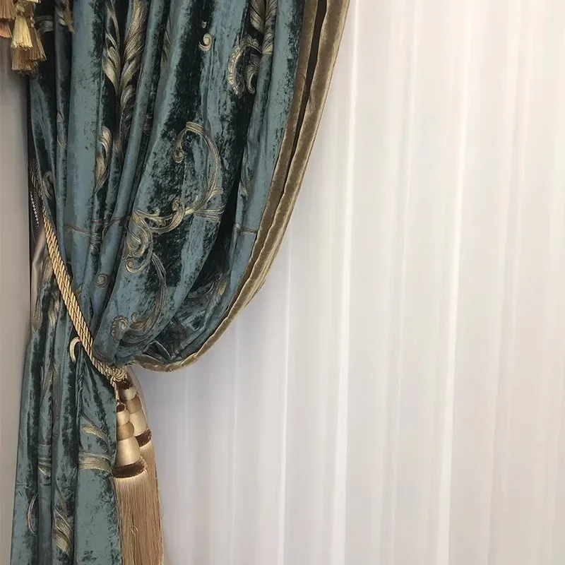 Zasłony w stylu retro amerykańskim, z prawdziwego zielonego aksamitu, żakardowe, łączone, do salonu, sypialni, na balkon, do willi, produkty na zamówienie.