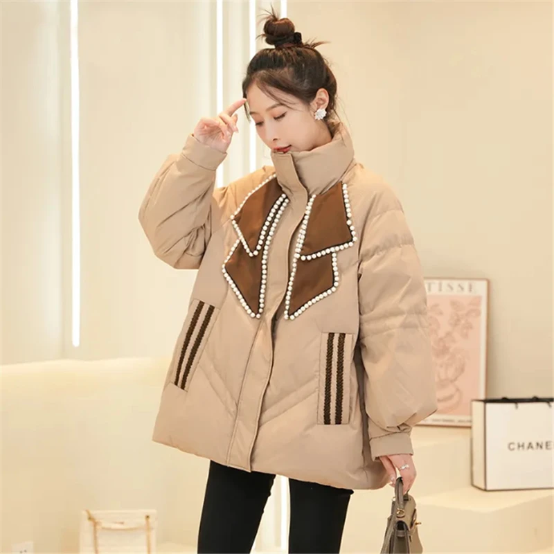 Winter Khaki Black Down Cotton-Padded Jacket Women 2023 New Loose Fashion Parkas Overcoat Outerwear Warm Coat Female