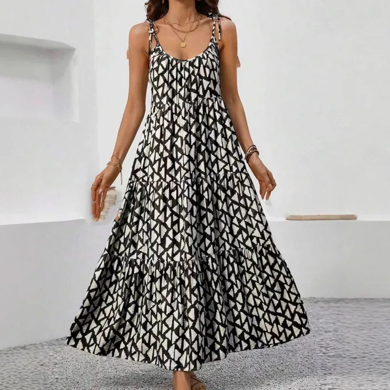 Summer Beach Women's Triangle Printed Suspender Linen Dress Cake Skirt Dresses Big Sizes Women Summer Sundress