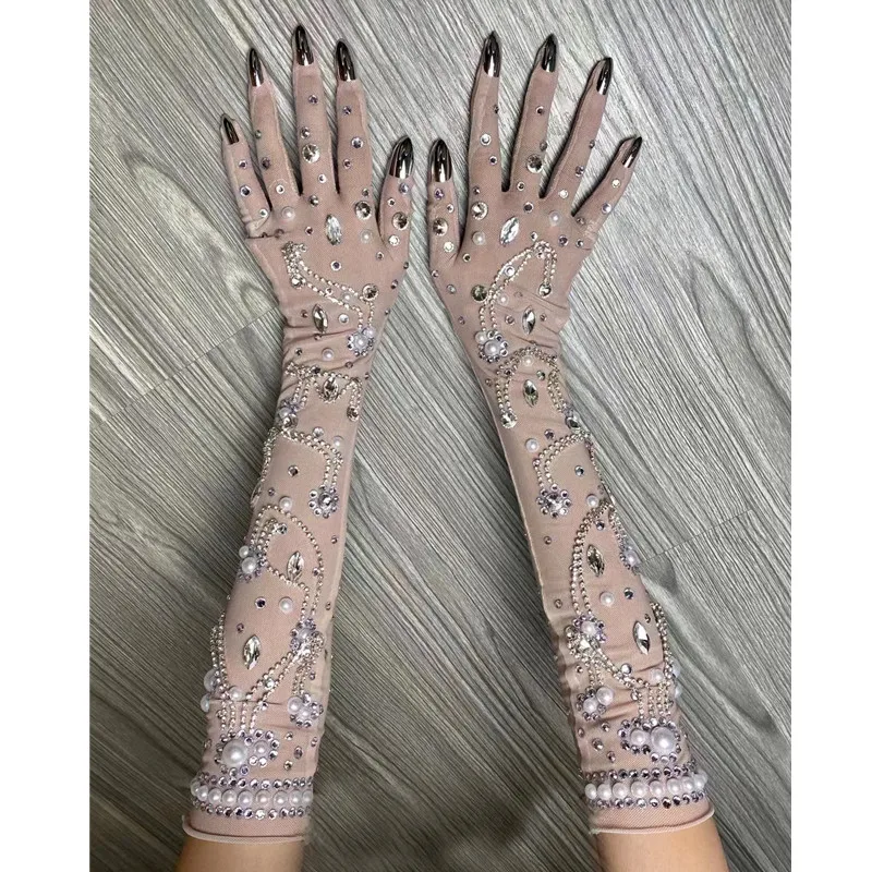 Luxurious Stretch Rhinestones Long Gloves Women Transparent Mesh Gloves Dancer Singer Nightclub Stage Party Show Accessories