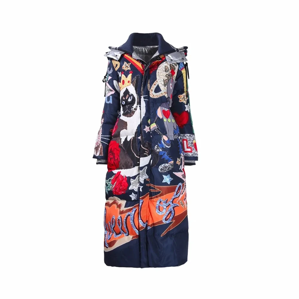 MIUXIMAO  Fashion Loose Parka  Dog  Flower Print Vintage X-Long Women Winter CoatFemale Overcoat Extremely Warm Down Coat Women