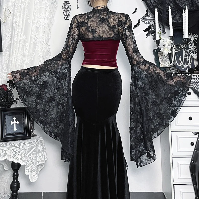 Goth Dark Lace Floral Sheer Crop Shrug Tops für Frauen Elegante Mode Smock Mantel Umhang Flare Sleeve Bluse Shirts Mall Gothic