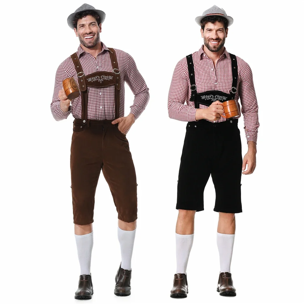 Black Brown Mens Lederhosen Oktoberfest Embroidery Octoberfest Bavarian German Beer Costume Halloween Cosplay Outfit