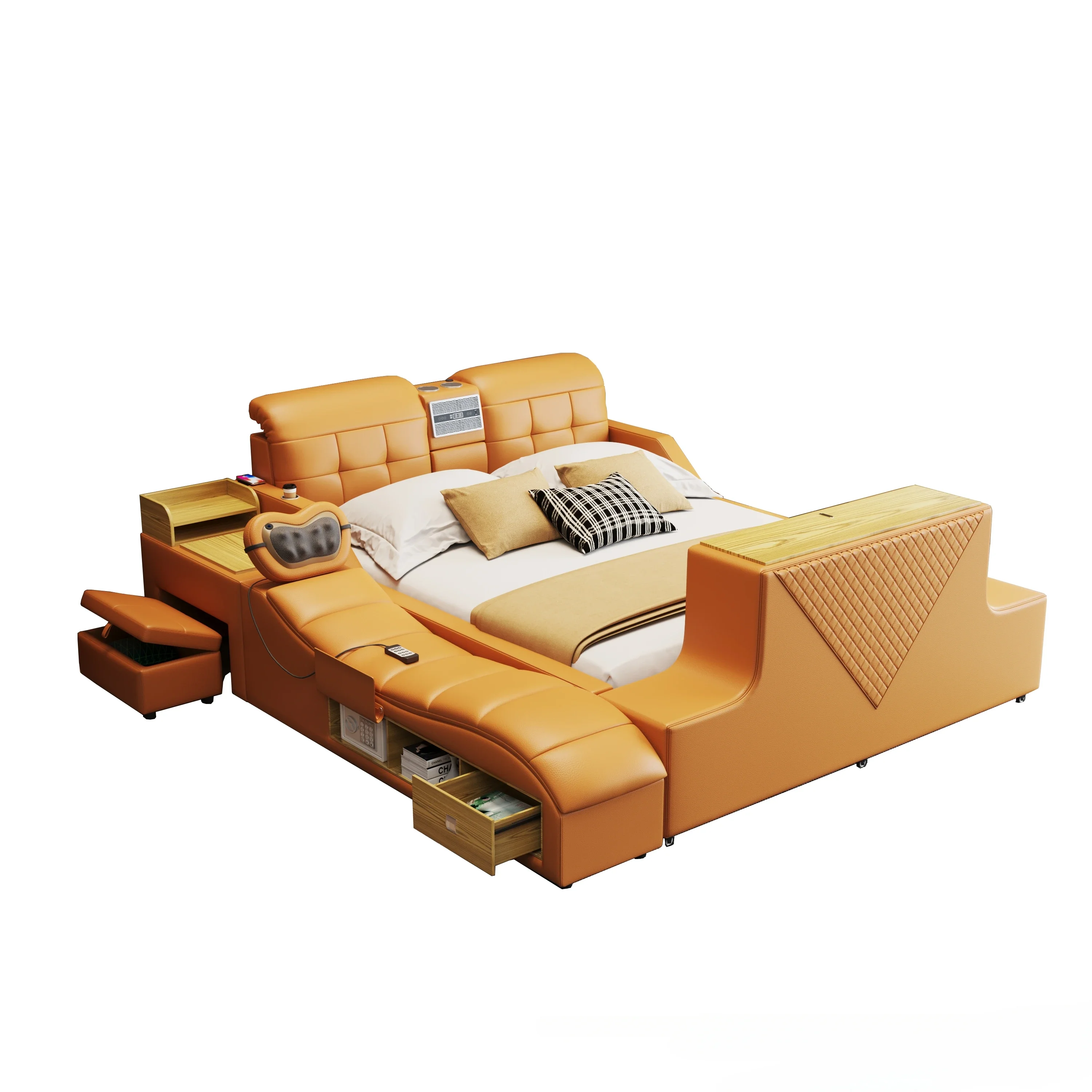 

MINGDIBAO Ultimate Bed — умная кровать Tech из натуральной кожи, многофункциональным каркасом кровати, массажем, динамиком, очистителем воздуха и сейфом