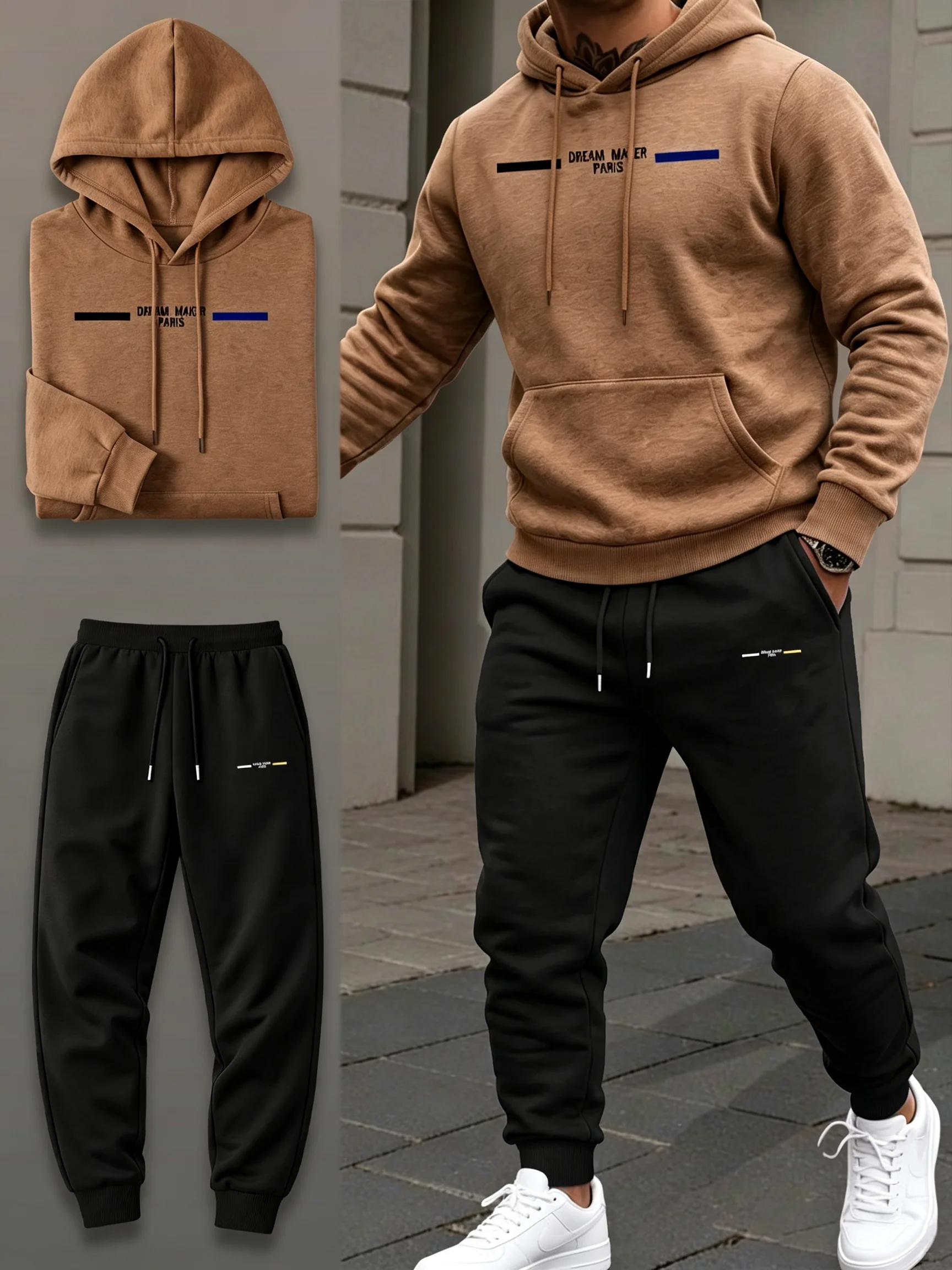 2026 new Men's 2 Piece Tracksuit Autumn Winter Striped Print Hoodie Sweatshirt Drawstring Sweatpants Outdoor Running Sports Suit