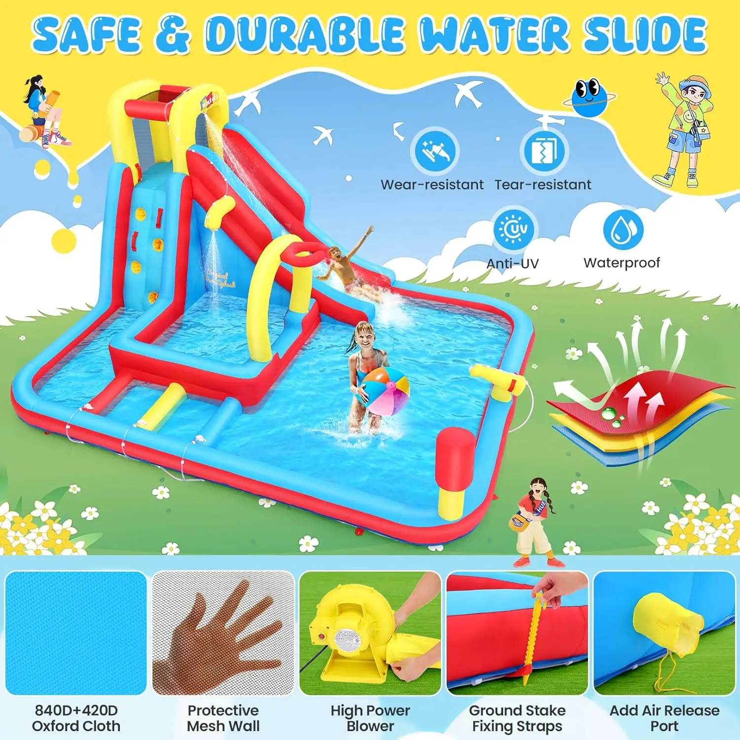 Inflatable Water Slide Bounce House, 13.2x10Ft 13-in-1 Bounce House Obstacle Course Waterslides, Summer Fun w/Boxing Pole/Slide/