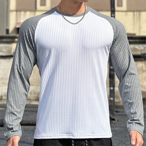 Imagen 2 del producto Camiseta deportiva para gimnasio para hombre, camisa de manga larga con empalme de color, camisetas de culturismo para hombre, Tops para correr, deportes, ropa de entrenamiento de secado rápido