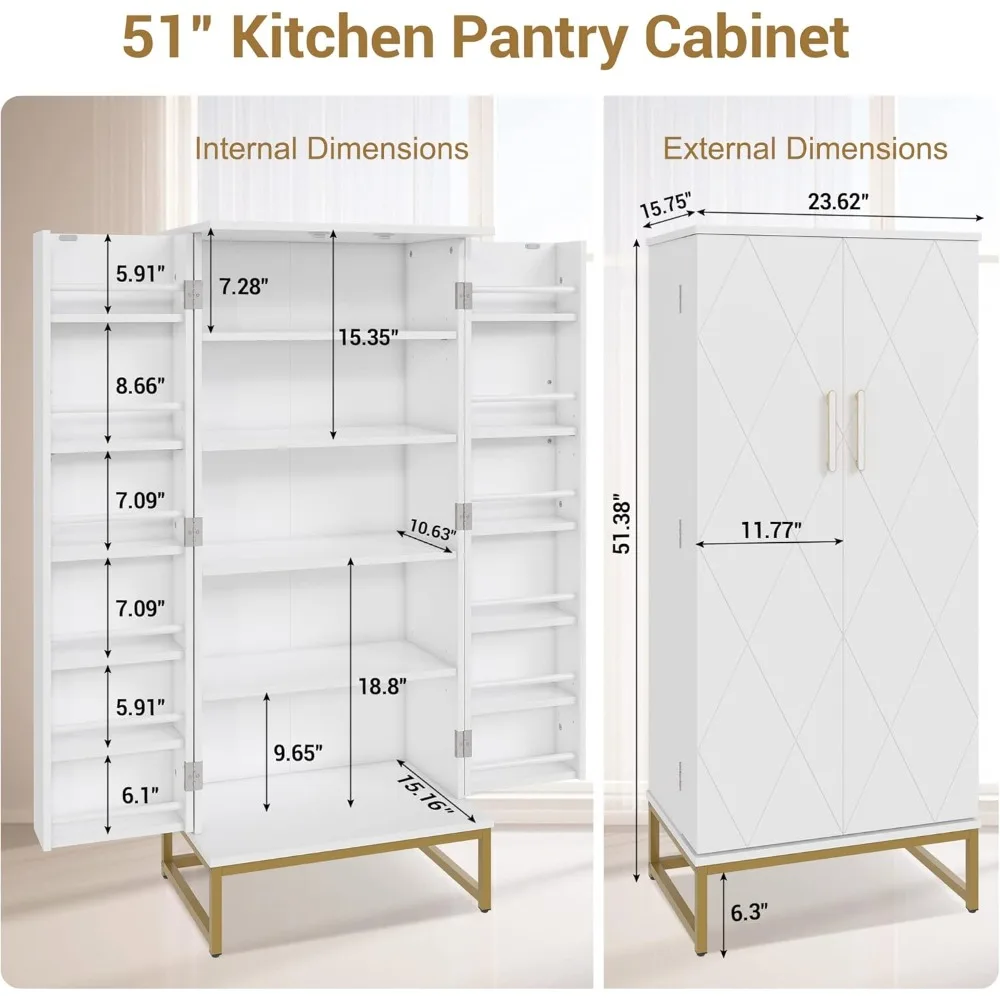 خزائن مخزن مقاس 51 بوصة، خزانة تخزين مخزن المطبخ بيضاء قائمة بذاتها مع أرفف قابلة للتعديل، خزانة تخزين لخزائن البوفيه