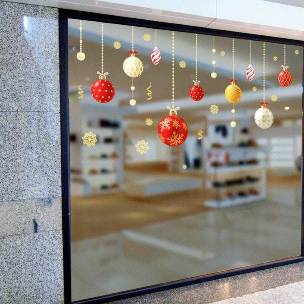 Christmas Decorative Wall Decals Gold Hanging Ball Stickers Shop Window Glass Mural Removable PVC Home Ornaments