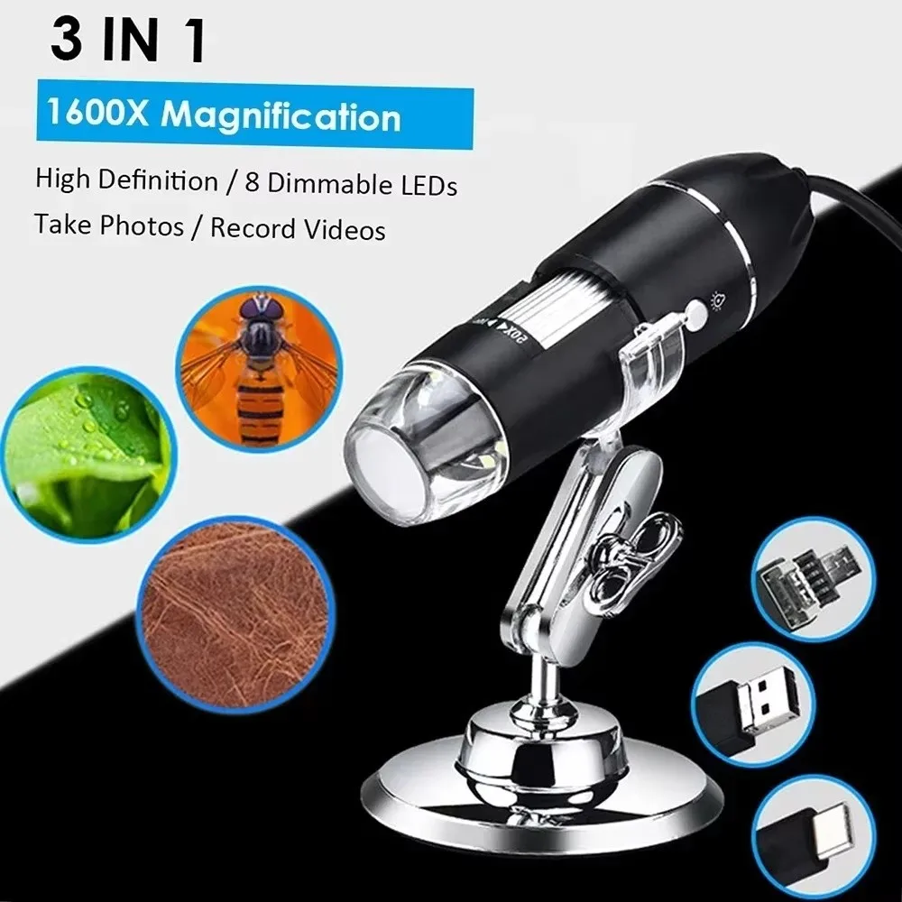 1600X Magnification Digital Microscope Camera 8 LED Lights Type-C Interface USB Digital Microscope 3in1 HD Electronic Microscope