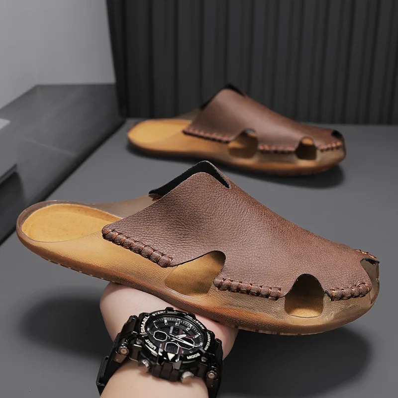 Men's Summer Genuine Leather Closed Toe Slippers Slip-On Anti-Slip Durable Outdoor Beach Sandals Size 47 48 Designer Shoes Men