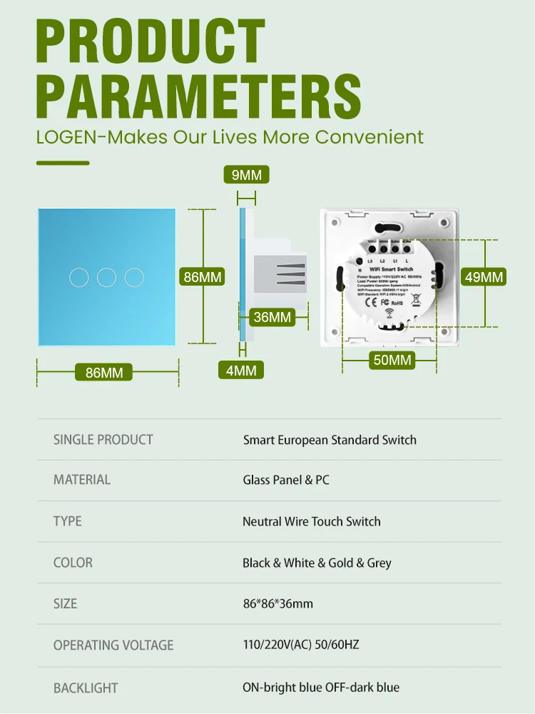 LOGEN Tuya WiFi Smart Pink and Blue Switch EU Need Neutral Wire 1/2/3 Gang Light Touch Switch Work with Alexa Google Home Alice