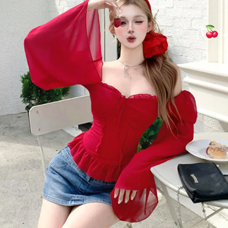 ​ ​ بلوزة نسائية شيفون بأكمام جرس مع حواف مكشكشة وربطة أمامية - قطع علوية بوهيمية من Fairycore لليلة التاريخ، ملابس ضيوف الزفاف