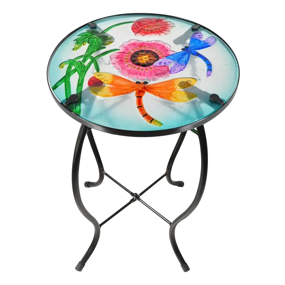 

Outdoor Table Small Patio Side Table Metal Glass End Table Plant Table Decor Garden Balcony Indoor Accent Table
