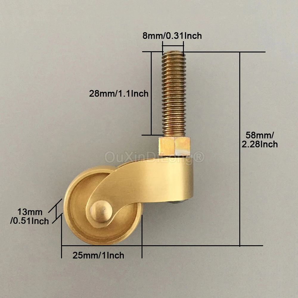 4PCS 1'' Solid Brass Casters M8 Table Chair Sofa Couch Cabinet Feet Castors 360° Swivel Wheels Smoothly Moving Furniture Rollers
