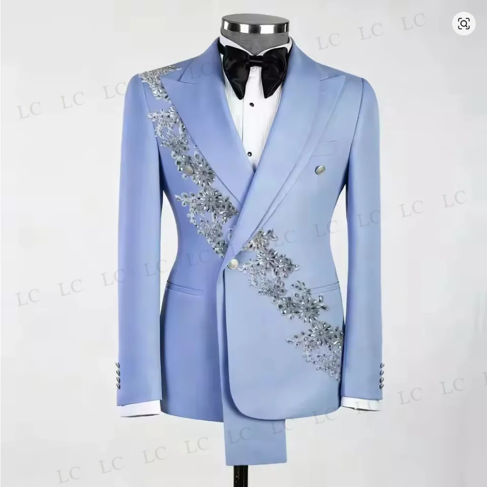 One Piece Men Suits Tuxedo One Button Blazer Silver Diamonds Beaded Work Man Design Formal Prom Wedding Groom Custom Plus Size
