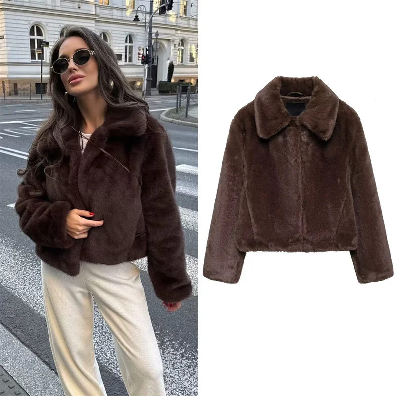 

Женская куртка 2022, осень/зима, новый стиль, красновато-коричневая теплая куртка с длинными рукавами и эффектом искусственного меха, элегантная и стильная мода