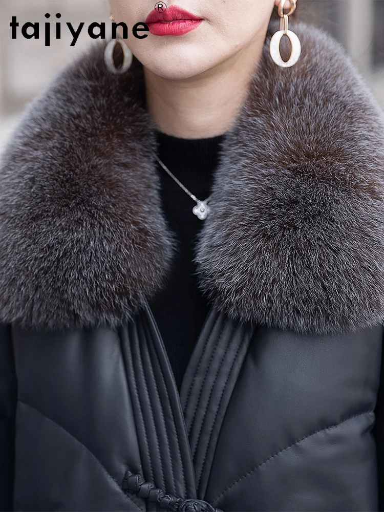 TAJIYANE 100% Skóra Owcza Kurtka Puchowa Damska z Kołnierzem z Futra Lisa Prawdziwe Skórzane Kurtki Stylowa Kurtka Puchowa Odzież Zimowa 2025 신상재킷