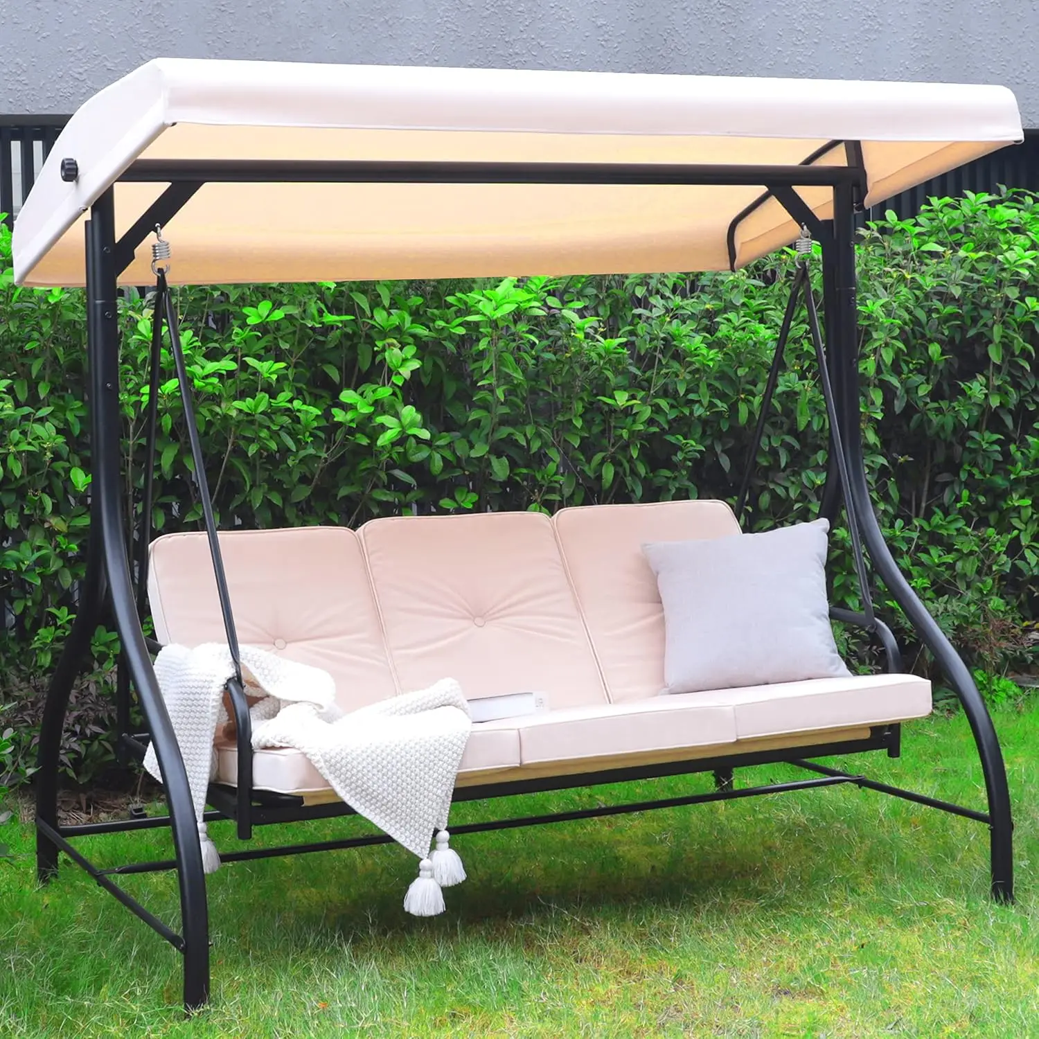 Veikou Outdoor Swing Chair, 3-Seater Porch Swing With Convertible Seat, Removable Cushions, Weather Resistant Steel Frame,