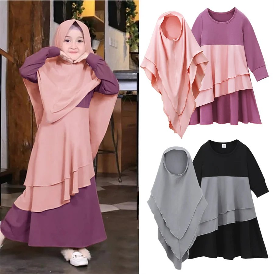 

2024 New Muslim Ramadan Prayer Dress Abaya Sets Children Girls Eid Khimar Hijab Arab Kids Long Robe Headscarf Kaftan Gown jilbab