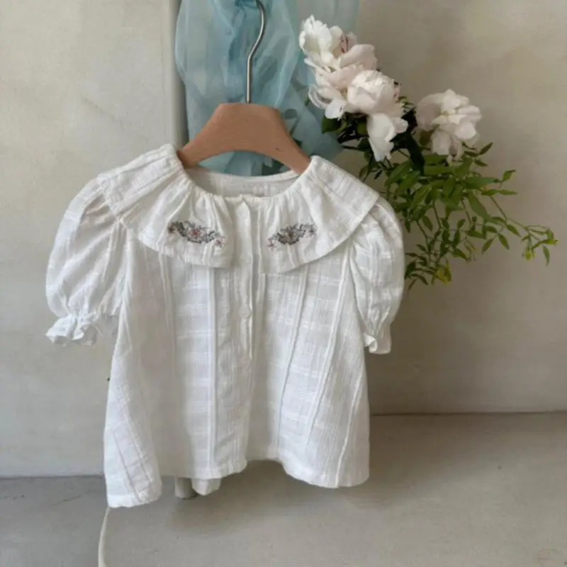 

2025 Summer New Sweet Cute Baby Girl Floral Embroidery Collar Blouse Cotton Infant Princess Puff Sleeve Shirts For Girls Tops