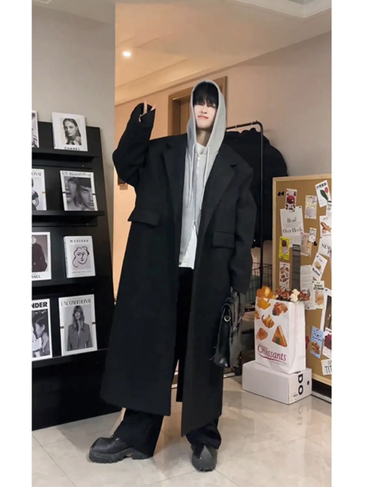 

Korean Lazy Sle Men's Bla Coat Long Version Thiened Woolen Windbreaker for Tall Men Autumn Winter High Quali Outerwear