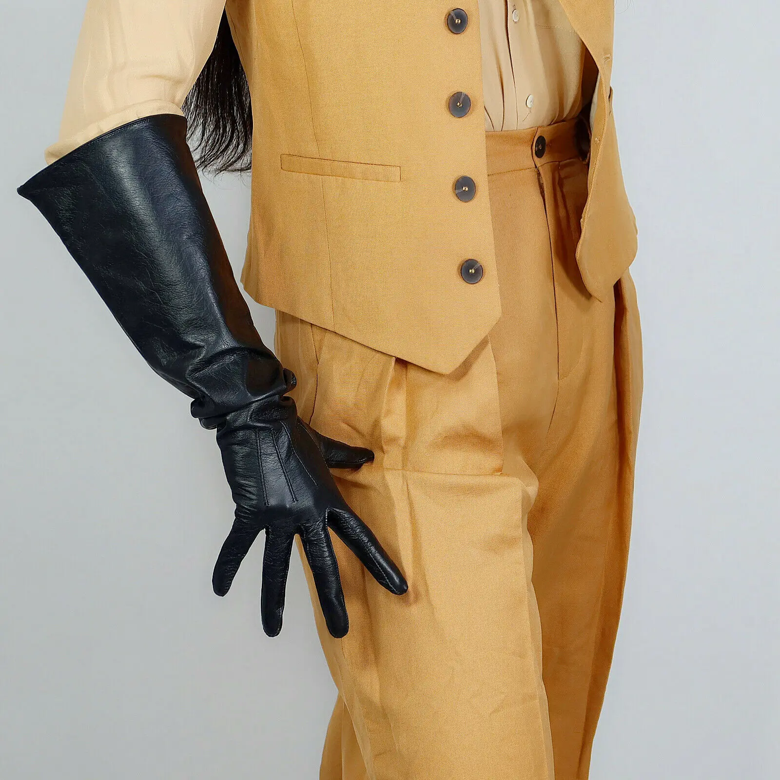 

REAL LEATHER LONG GLOVES PUFF SLEEVES Unisex Black 50cm Oversized Wide Balloon Large TECH Fashion Cosplay Evening Opera Glove