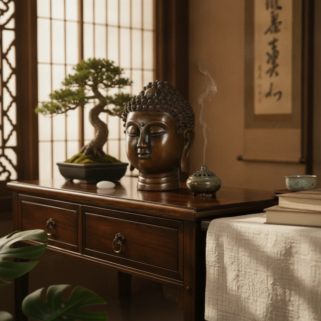 Bronze-brown Buddha Head Display Piece Seated Bust Art Copper Sculpture Textured Hairstyle for Modern Hallway