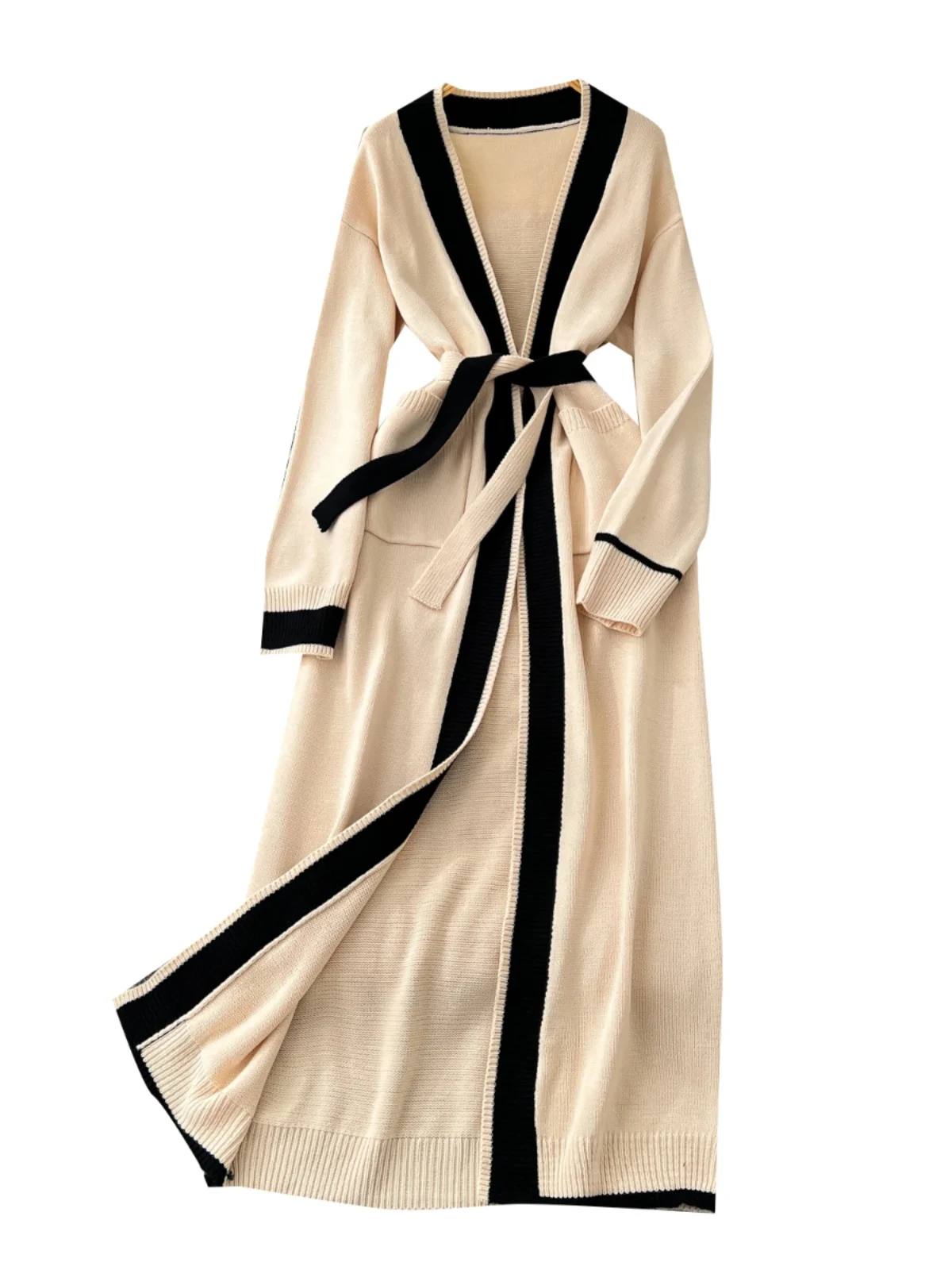 كارديجان نسائي أنيق وفضفاض محبوك مع فستان طويل بأكمام طويلة وحزام خصر عالي، معطف سترة عصري بألوان متباينة لفصلي الخريف والشتاء