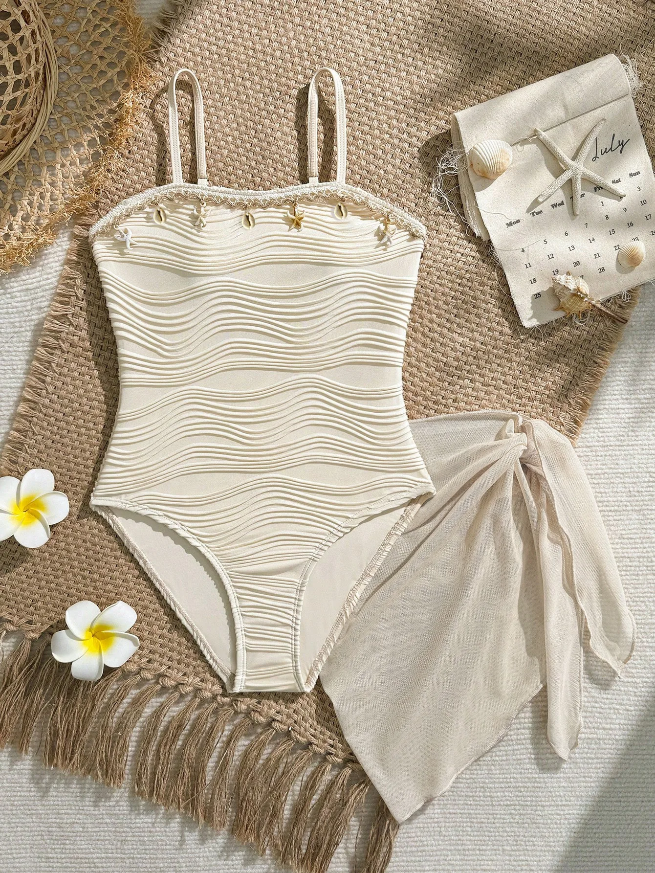 Girls Ribbed 2 Piece Swimwear Set Shell Tassel One Piece Swimsuit with Cover Up Skirt Kids Beachwear